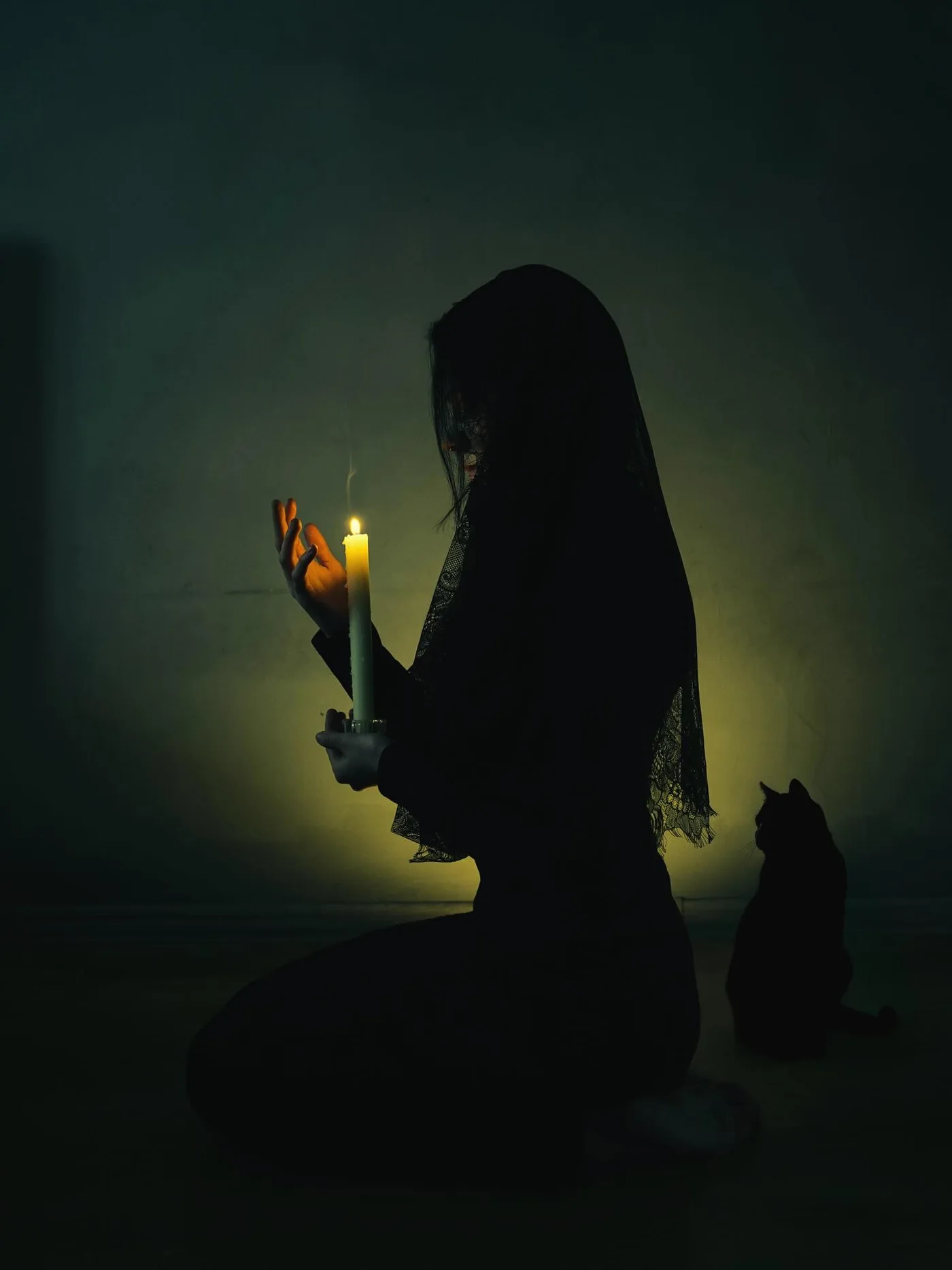 Veiled figure holding a candle, cat beside